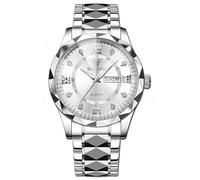 Gosasa Orologio analogico al quarzo da uomo e donna, in acciaio inox, con numeri romani, impermeabile, con calendario, colore oro e argento, Argento Bianco, Men