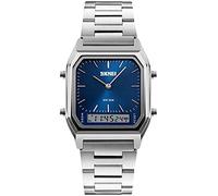 Gosasa Orologio da polso analogico da donna e uomo, quadrato, multifunzione, con doppio display, cinturino in acciaio inox, orologio sportivo, Blu, Digitale