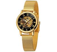 Gosasa Orologio da polso da donna con scheletro, alla moda, meccanico, a carica manuale, cinturino in rete, numeri romani, casual, orologio da polso, Oro e nero., Moda