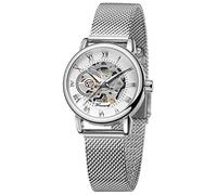 Gosasa Orologio da polso da donna con scheletro, alla moda, meccanico, a carica manuale, cinturino in rete, numeri romani, casual, orologio da polso, Argento Bianco, Moda