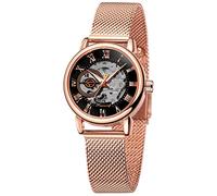 Gosasa Orologio da polso da donna con scheletro, alla moda, meccanico, a carica manuale, cinturino in rete, numeri romani, casual, orologio da polso, Oro rosa Nero, Moda