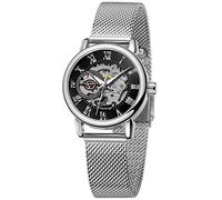 Gosasa Orologio da polso da donna con scheletro, alla moda, meccanico, a carica manuale, cinturino in rete, numeri romani, casual, orologio da polso, Argento e nero., Moda