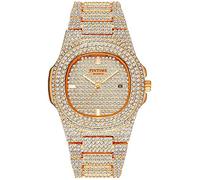 Gosasa Orologio da polso da uomo, alla moda, hip hop, con cristalli, cassa rettangolare, in acciaio inox, analogico, al quarzo, T Oro rosa, Moda Hip Hop