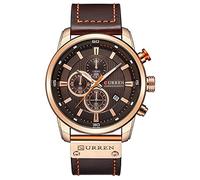 Gosasa Orologio da polso da uomo con cronografo sportivo al quarzo, cinturino in pelle marrone con data 30 m impermeabile militare maschile, oro rosa e marrone, Orologio al quarzo, cronografo