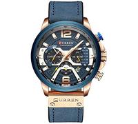 Gosasa Orologio da polso da uomo con cronografo sportivo al quarzo, cinturino in pelle marrone con data 30 m impermeabile militare maschile, Rosa blu., Orologio al quarzo, cronografo