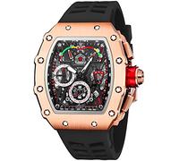 Gosasa Orologio da polso da uomo, unico, stile punk, con strass, rettangolare, impermeabile, analogico, cronografo, sportivo, da lavoro, con cinturino in silicone luminoso, RoseGold Nero, Cronografo