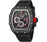 Gosasa Orologio da polso unico da uomo, stile punk, con quadrante grande, luminoso, impermeabile, sportivo, analogico, al quarzo, cinturino in silicone, cassa nera, cinturino rosso, Custodia nera -