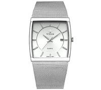Gosasa Orologio da uomo classico analogico al quarzo data in acciaio inossidabile cinturino in maglia milanese quadrante rettangolare ultra-sottile luminoso, Argento, Movimento al quarzo