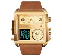 Gosasa Orologio sportivo da uomo, quadrato, digitale, con quadrante grande, LED, analogico, al quarzo, con fusi orari, cronometro impermeabile fino a 50 m, Marrone dorato., big, Analogico-digitale