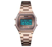 Gosasa Orologio sportivo multifunzione digitale da uomo unisex classico cinturino in acciaio inossidabile orologio a led elettronico impermeabile quadrato, Cristalli Oro Rosa, Digitale