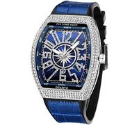 Gosasa Tonneau - Orologio da polso da uomo, alla moda, unico, al quarzo, con strass e cinturino in gomma, Blu Argento, Cinturino