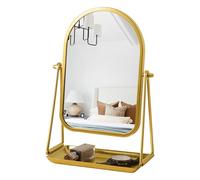 Gosider Specchio da toeletta ad arco dorato con rotazione regolabile a 360°, specchio da terra con cornice in metallo, con vassoio, specchio cosmetico per soggiorno, camera da letto, bagno