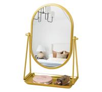 Gosider Specchio da toeletta ovale dorato con vassoio, piccolo specchio | Specchio da trucco con supporto, struttura in metallo, rotazione regolabile a 360°, per ufficio, dormitorio, camera da letto