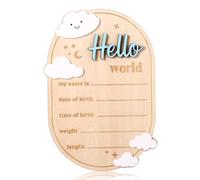 Gosknor Cartello Annuncio Bambino, 15x10,5cm Legno Cartello Nome Bambino Annuncio Nascita Cartello Hello World Newborn Ideale per Casa l'Asilo Nido l'Ospedale Registrare Nome Data Lunghezza Peso