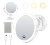Gospire Specchio da trucco da parete da 17,8 cm con potente ventosa, ingrandimento 1X/10X su entrambi i lati, luci a 3 colori e luminosità regolabile, batteria ricaricabile da 2000 mAh, rasatura da