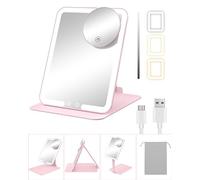 Gospire Specchio da trucco da viaggio con luci e ingrandimento 10X, specchio da tavolo compatto portatile con supporto regolabile, 3 luci colorate, ricaricabile a LED, specchio cosmetico - rosa