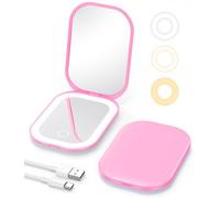 Gospire Specchio da trucco da viaggio illuminato con ingrandimento 3X e luce regolabile a tre colori, piccolo specchio ricaricabile per borsa - rosa intenso