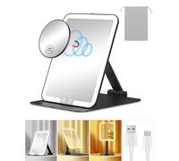 Gospire Specchio da trucco da viaggio ricaricabile con luci e ingrandimento x10, supporto pieghevole e sensore angolare, 3 colori di luce e dimming continuo, specchio luminoso LED