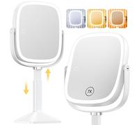 Gospire Specchio da trucco rettangolare illuminato con luci in 3 colori, regolabile in altezza e ingrandimento 1X/7X, batteria ricaricabile da 4000 mAh per camera da letto, superficie ampia 21,6 x