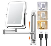Gospire Specchio da trucco rettangolare regolabile in altezza con ganci e ingrandimento 10x, luminosità e altezza regolabili, 3 colori chiari, rotazione a 360°, specchio ingranditore per bagno
