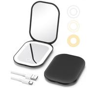 Gospire Specchio da viaggio illuminato per il trucco con luce e ingrandimento, ingrandimento 3X ricaricabile piccolo specchio con luce regolabile in tre colori, mini specchio a LED per borsa - nero