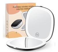 Gospire Specchio da viaggio ricaricabile da 9,9 cm, con luci e ingrandimento 10x, 3 colori chiari e luminosità regolabile, chiusura magnetica e funzione di memoria, specchio compatto a LED per borsa,