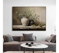 GOSRD Dipinto su tela, stampa di un vaso botanico con ramo d'ulivo antico mediterraneo, poster rustico e neutro per la cucina, decorazione da parete per la casa (60x85 cm)