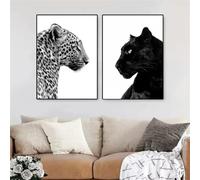 GOSRD Stampe su tela, dipinto in bianco e nero con leopardo e pantera, arte murale con animali selvatici, poster per soggiorno (60x85 cm - 2 pezzi)