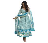 GoSriKi Kurta Anarkali da donna in rayon viscosa stampata con pantaloni e Dupatta | Abito Anarkali da donna | Set completo da donna in puro cotone | Set Kurta Palazzo Dupatta con stampa a blocchi