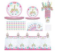 GOTFUN 97 Pezzi Stoviglie Compleanno Unicorno Party Kit Compleanno Bambina, Forniture de Unicorno Festa Compleanno Inclusi Piatti di Carta Tazze Cannucce Tovaglioli e Posate (16 Ospit)