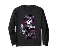 Goth Girl with Cat Emo Girl Cat Amante Punk Skeleton Gothic Maglia a Manica
