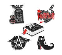 Goth Halloween - Set di perni smaltati con fantasma, gatto nero, falena, strega, serpente horror, scheletro per risvolti, normale, Metallo non prezioso
