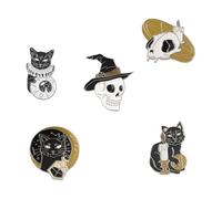 Goth Halloween - Set di perni smaltati con fantasma, gatto nero, falena, strega, serpente horror, scheletro per risvolti, normale, Metallo non prezioso