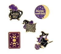 Goth Halloween - Set di perni smaltati con fantasma, gatto nero, falena, strega, serpente horror, scheletro per risvolti, normale, Metallo non prezioso