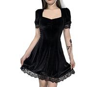 Goth Retro Corte Pizzo Lanterna Lunga Manica Lunga Scavata O Collo Nero puro Temperamento Velluto Midi Dress, Mini abito in velluto, L