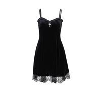 Goth Retro Corte Pizzo Lanterna Lunga Manica Lunga Scavata O Collo Nero puro Temperamento Velluto Midi Dress, Abito 01-pizzo Nero, L