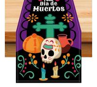 Goth Table Runner | Day Of The Dead Coundcloth 13x72 Pollici Mexican Skull Stampa lino Lavabile Lino Bianco Tavolo Di Biancheria | Opaco Spooky Vacanza Padrona Per Armadio TV P