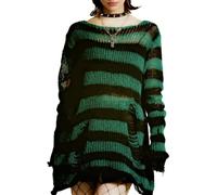 Goth Y2K Maglione A Righe Strappato Punk Gotico Lungo Maglioni per Le Donne Harajuku Estetica Halloween Pullover Top, Verde e Nero., S/L