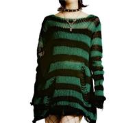 Goth Y2K Maglione A Righe Strappato Punk Gotico Lungo Maglioni per Le Donne Harajuku Estetica Halloween Pullover Top, Verde e Nero., S/L