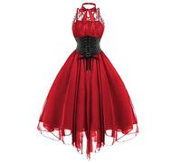 Gothden Abito da donna senza maniche, in pizzo gotico, stile anni 80, con corsetto, scollo a halter, in pizzo, svasato, da cocktail, Rosso, M