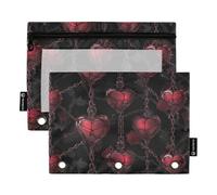 Gothic Darkness - Astuccio con 3 anelli con catena rossa e cuori, con cerniera, set di 2 custodie trasparenti per riporre accessori di cancelleria