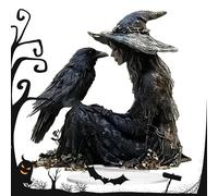 Gothic Desk Ornament, Halloween Witch Decoration, Spooky Crow Centerpiece, Acrylic Build, Wear-Resistant Transparent Finish, Dorm Kitchen Table Bedroom, 5.91x5.91x0.39 Inches Black 1pc