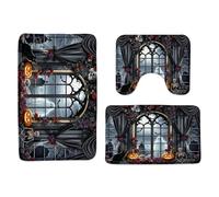 Gothic Halloween Spooky Ghost Skeleton Cat Black Pumpkin Dark Rose Cemetery Window Dark Set Di Tappeti Da Bagno 3 Pezzi, Tappetino Contorno Wc Assorbente Zerbino Per Servizi Igienici Doccia