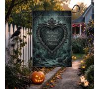 Gothic Haunted Haven citazione cuore cornice Halloween Garden Flag 30,5 x | Accenti gotici del cranio, bandiera del cortile, sfondo mistico della nebbia, cornice ornata in stile vittoriano