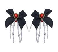 Gothic Red Gem Bow and Skeleton Hand Hair Clips - Spooky Halloween Hairpins | PP and Resin Construction, Convenient 1-Pair 17x10x2.5 cm Size, Elegant Red Gem Bow and Skull Hand Design for Cosplay