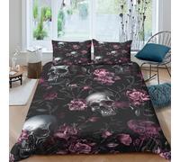 Gothic skullsSet Di Copripiumino morbida 3 pezzi motivo 3D cerniera nascosta Dark floral gothic style copripiumino con federe soffice ultra morbido e traspirante for bambini Double（200x200cm）