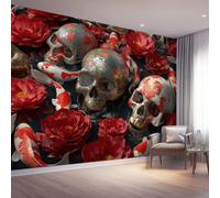 Gotico Carta Da Parati Murale 250 X 175 Cm Rosso Teschio Peonia - Effetto 3D, Alta Definizione, Facile Da Posare, Ideale Per Camera, Ufficio O Corridoio