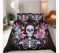 Gotico Copripiumino Matrimoniale 240x220 Teschio Di Fiori Del Giorno Dei Morti Set Copripiumino Matrimoniale, Adulti Microfibra Set di Biancheria da Letto 3 Pezzi con Cerniera e 2 Federe 50x75cm