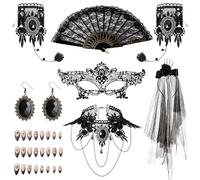 Gotico Jewellery Set,7PCS Steampunk Accessori Donna,con Ventaglio,Cappelli di Halloween,Gotico Collana,Bracciale,Orecchini pendenti,per Halloween,Carnevale,Gotico Costume,Ballerina di Flamenco