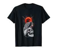 Gotico Nero Corvo Teschio Luna Rossa Occulto Corvo Scuro Maglietta
